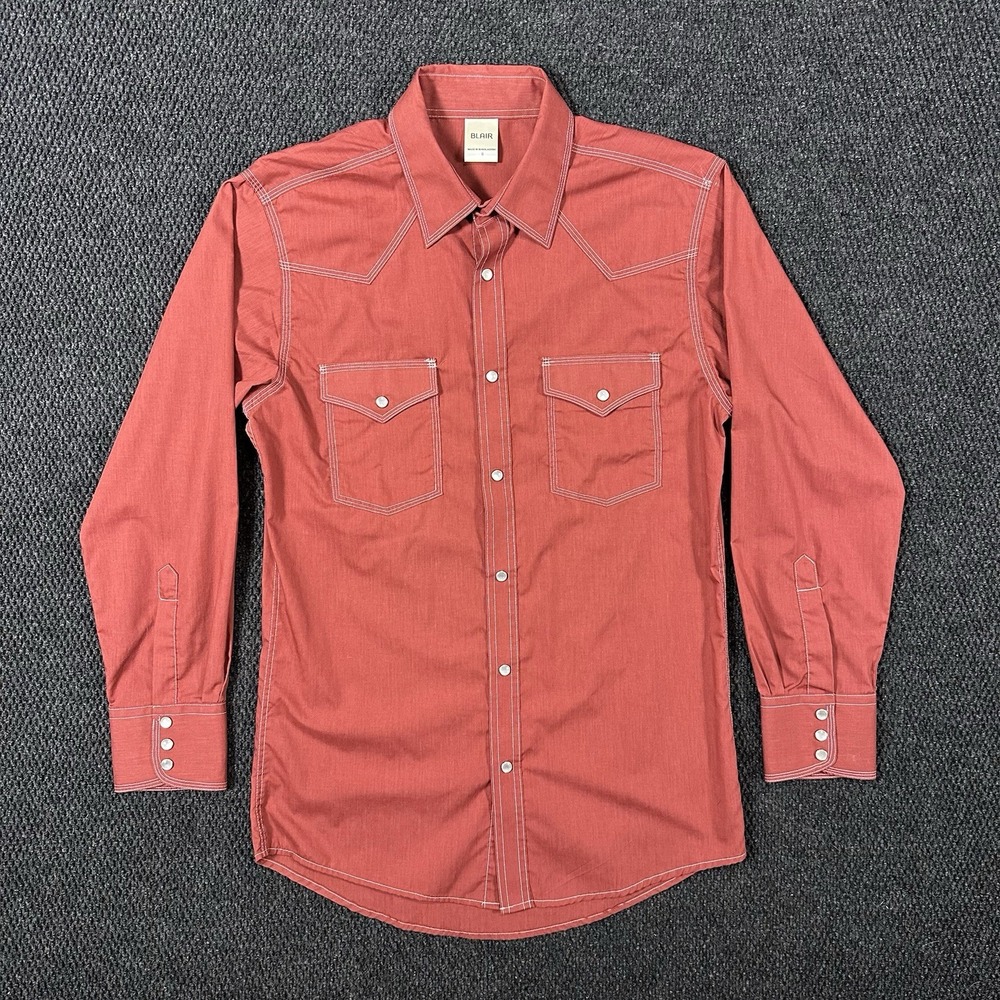 Blair Men's Western Pearl Snap Shirt Small Red Solid White Stitch Long Sleeve
